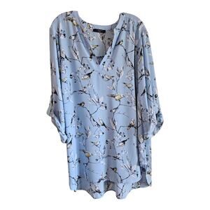 T TAHARI Women's Plus 2X Tunic Blouse Light Blue Birds 3/4 Sleeve Chiffon 52"